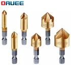 Набор фрез для снятия фаски с 5 лезвиями, 6 шт., 14 дюйма, шестигранный хвостовик, титановая быстрорежущая сталь, 5 канавков, зенкер, деревянная снятие фаски, 6 мм-19 мм, ручные инструменты