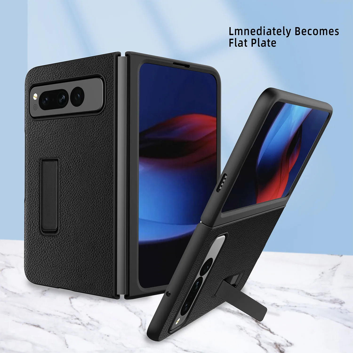 Luxury Litchi Carbon Fiber Pattern Leather Holder Cover For Google Pixel Fold PixelFold Kickstand Bracket Armor Back Case