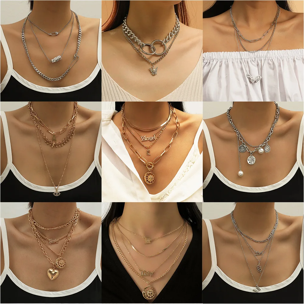 

European and American Multi-layer Necklace Cold Wind Creative Retro Personality Simple Alloy Sweater Chain Hip Hop Dance Jewelry