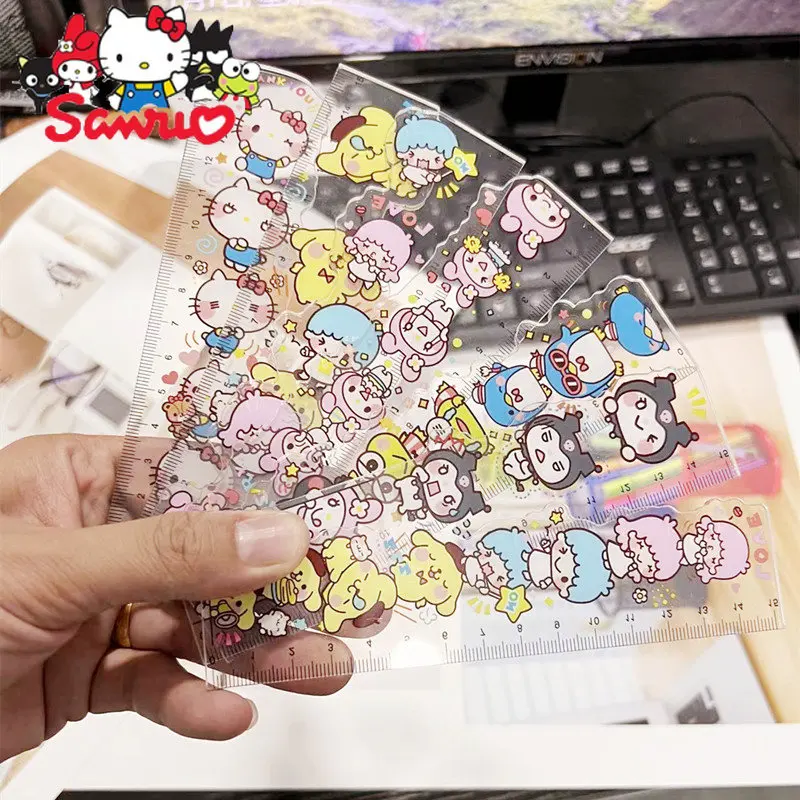 

Cute Cartoon Sanrio Melody Kuromi Hello Kitty Cinnamoroll Ruler Transparent Student Measuring Drawing Ruler Gift For Kids 15cm