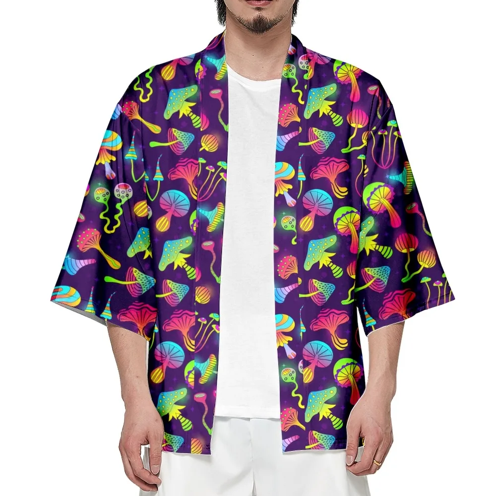 

2022 Mushroom Print Top Harajuku Haori Yukata Chinoiserie Fashion Japanese Kimono Streetwear Cardigan Men's Samurai-