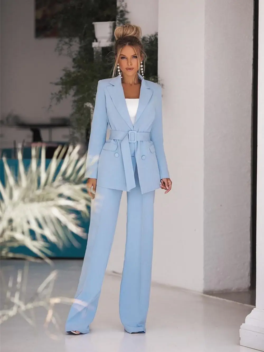 Sky Blue 2 Pieces Pants Suit with Belt Office Lady Slim Blazer & Straight Leg Trousers Fashion Duble Breasted conjuntos de calça