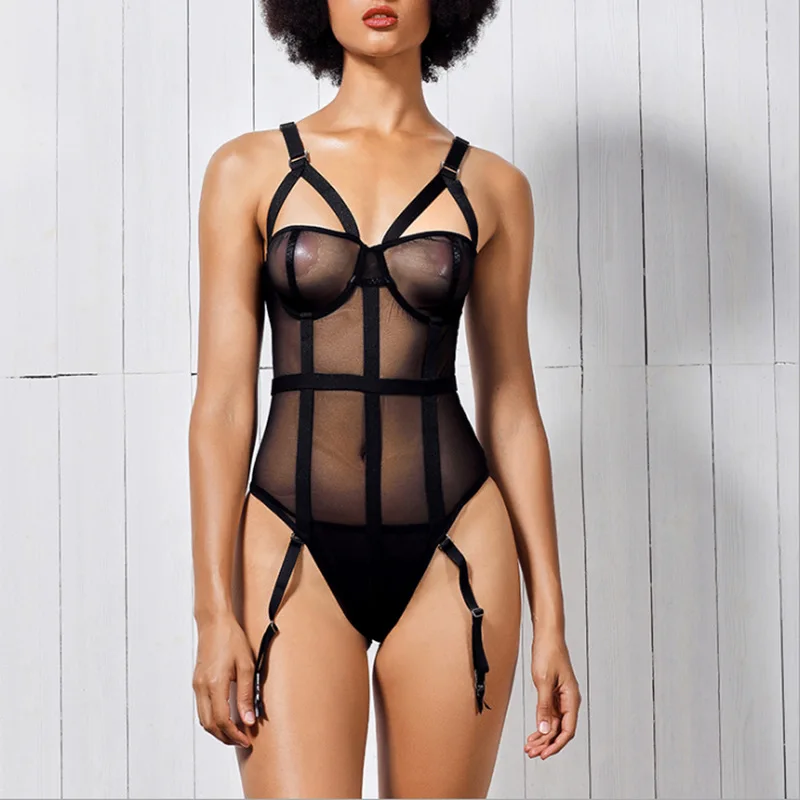 

Exotic Apparel Striped Patchwork See Through Mesh Teddy Hot Transparent Jumpsuit Neon Lingerie Women Sexy Black Lace Body Suit