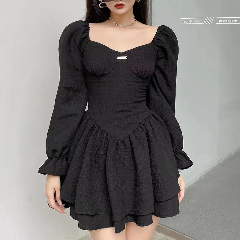 

2023 винтажное расклешенное черное платье с высокой талией, готическое эстетическое платье с длинными рукавами-фонариками в стиле «лолита», облегающее кружевное платье в стиле ретро, милое женское мини-платье