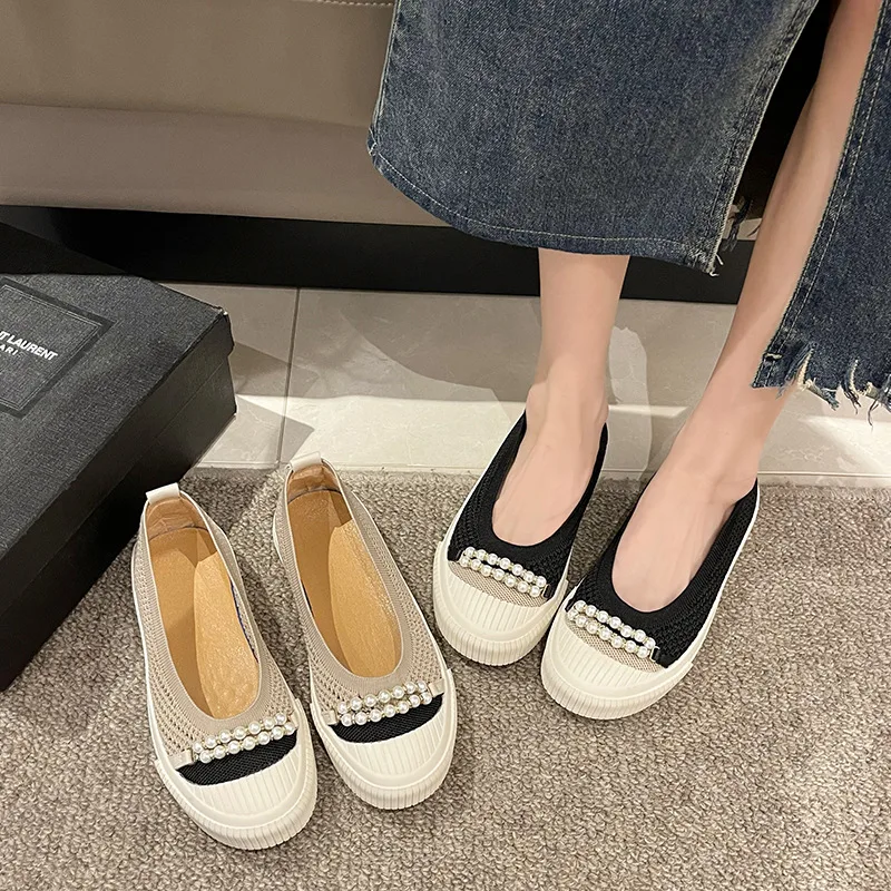 Breathable Mesh Summer String Beads Knitted Vulcanized Shoes Woman Outdoor Slip-on Loafers