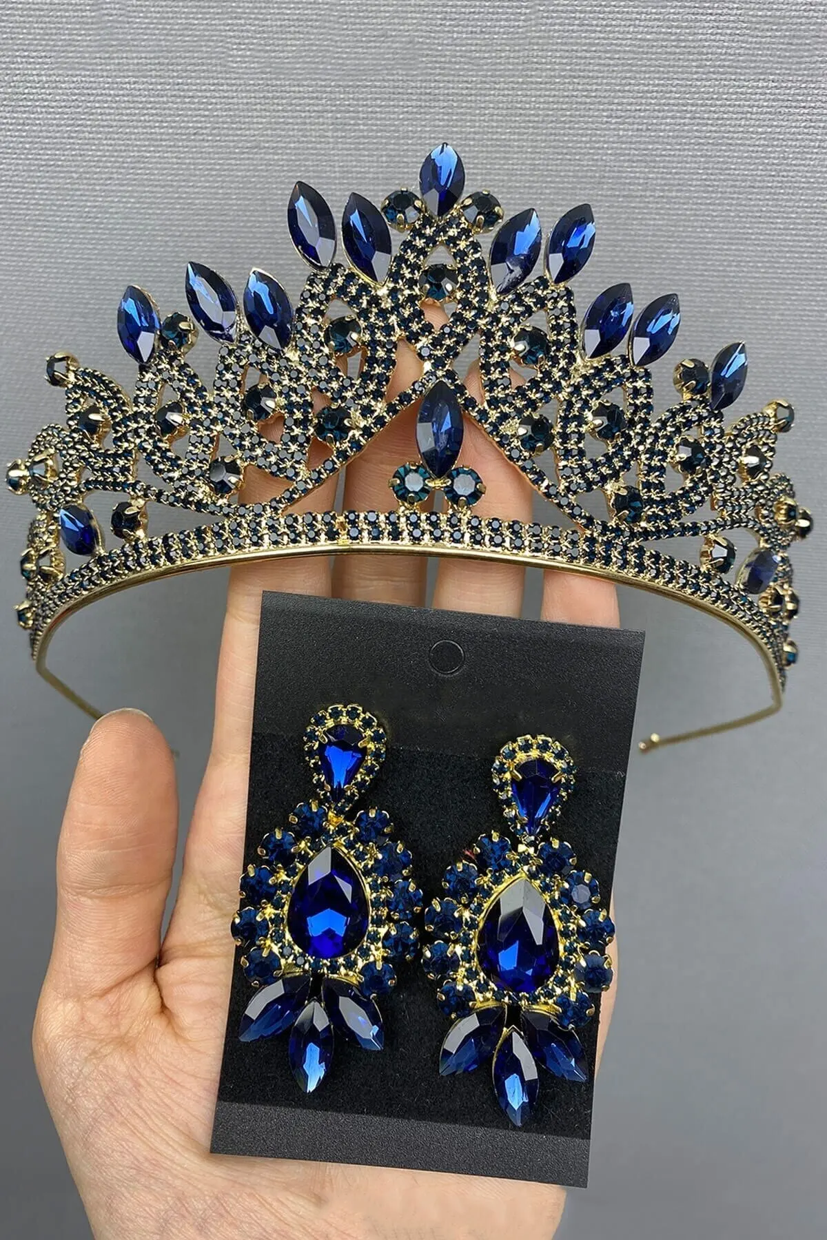 

Bridal Accessories Navy Blue Gold Bridal Tiara And Earring Wedding Handmade For Bride And Bride