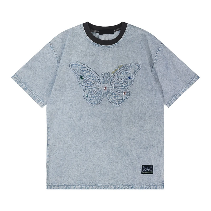 

2023 Streetwear T Shirt Jean Men Embroidery Butterfly T-Shirt Harajuku Retro Vintage Blue Jean Tshirt Hip Hop Tops Tees Cotton