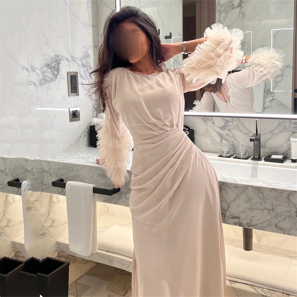 

MULOONG Fashion O Neck Full Sleeve Pleat Mermaid Long Evening Dress Floor Length Sweep Train Elegant Formal Prom Gown New 2023