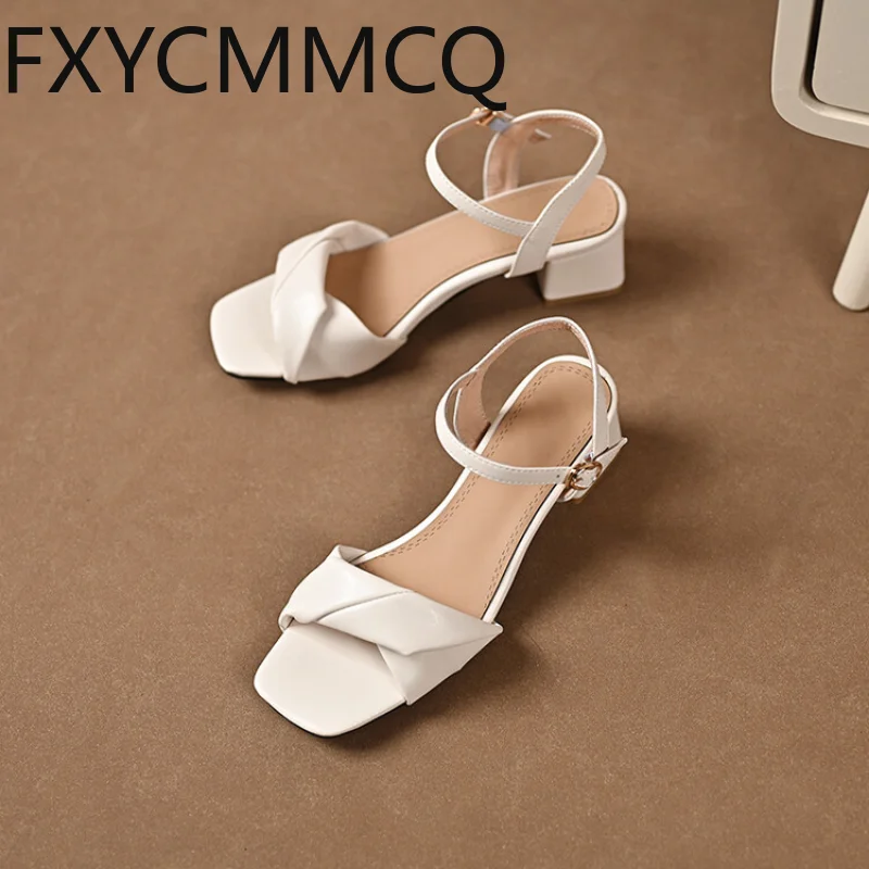 FXYCMMCQ 2023 New Leather Peep-toe Mid-heel Square Head Temperament Women Sandals Size 32-46 23-24