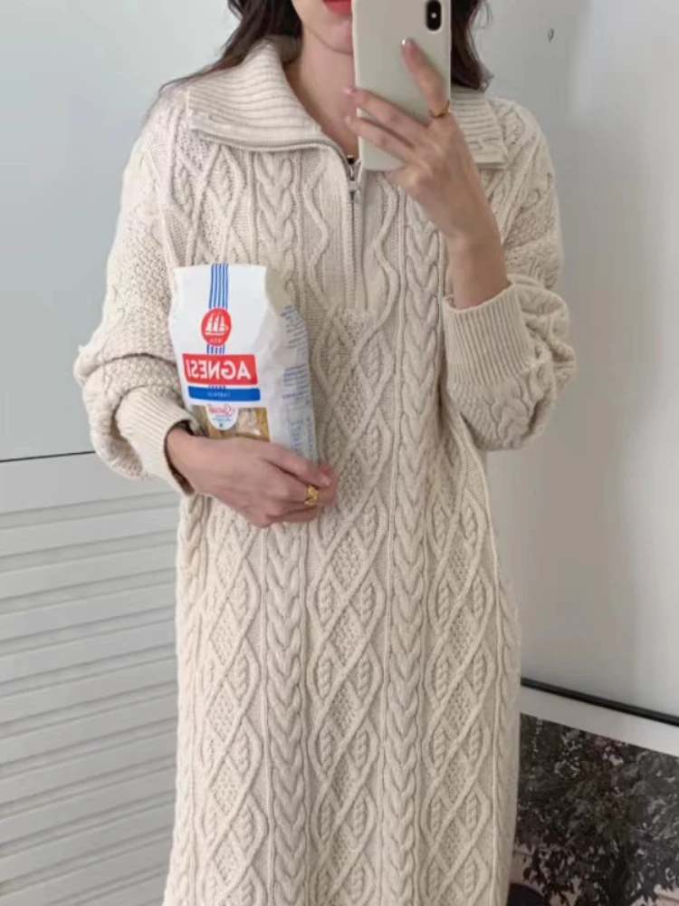 

Fitaylor New Autumn Winter Women Vintage Turn-down Collar Zipper Knitting Dress Lady Casual Thick Solid Color Sweater Long Dress