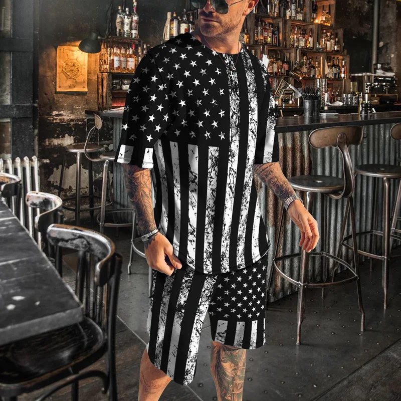 New Summer Men Suit Outfit of Sportswear 3D Print Short Sleeve Streetwear T-shirt Set Tracksuit Men Sets 2 Piece Men's Clothing