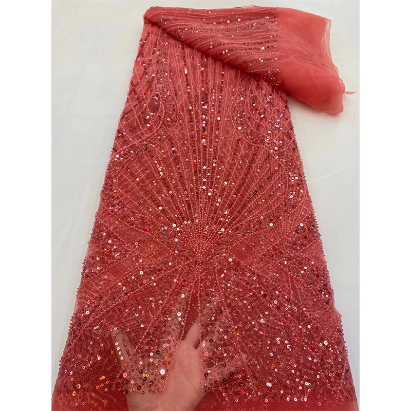 

Latest Gorgeous Gold African Handmade Beads Laces Fabrics Luxury Nigerian Sequins Mesh Lace Fabric For Party Dress 3283
