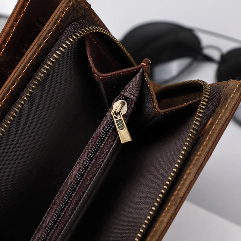 Men's First Layer Cowhide Leather Wallet Crazy Horse Leather Long Wallet Vintage Coin Purse Cowhide Clutch Leather Wallet