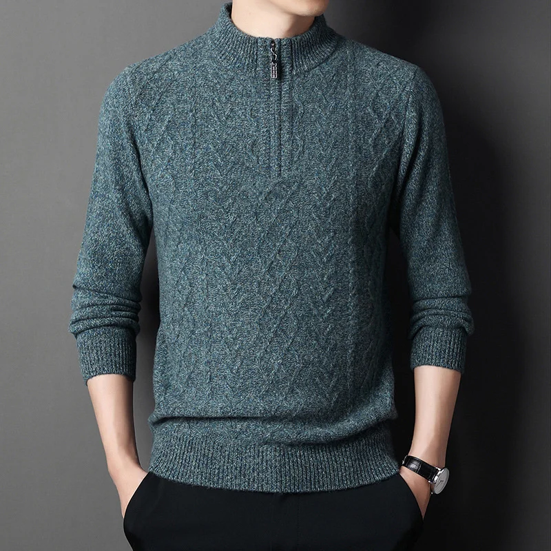 

aged cashmere Men's Middle half high neck zipper 100% pure sweater Winter thickened wool warm base coat