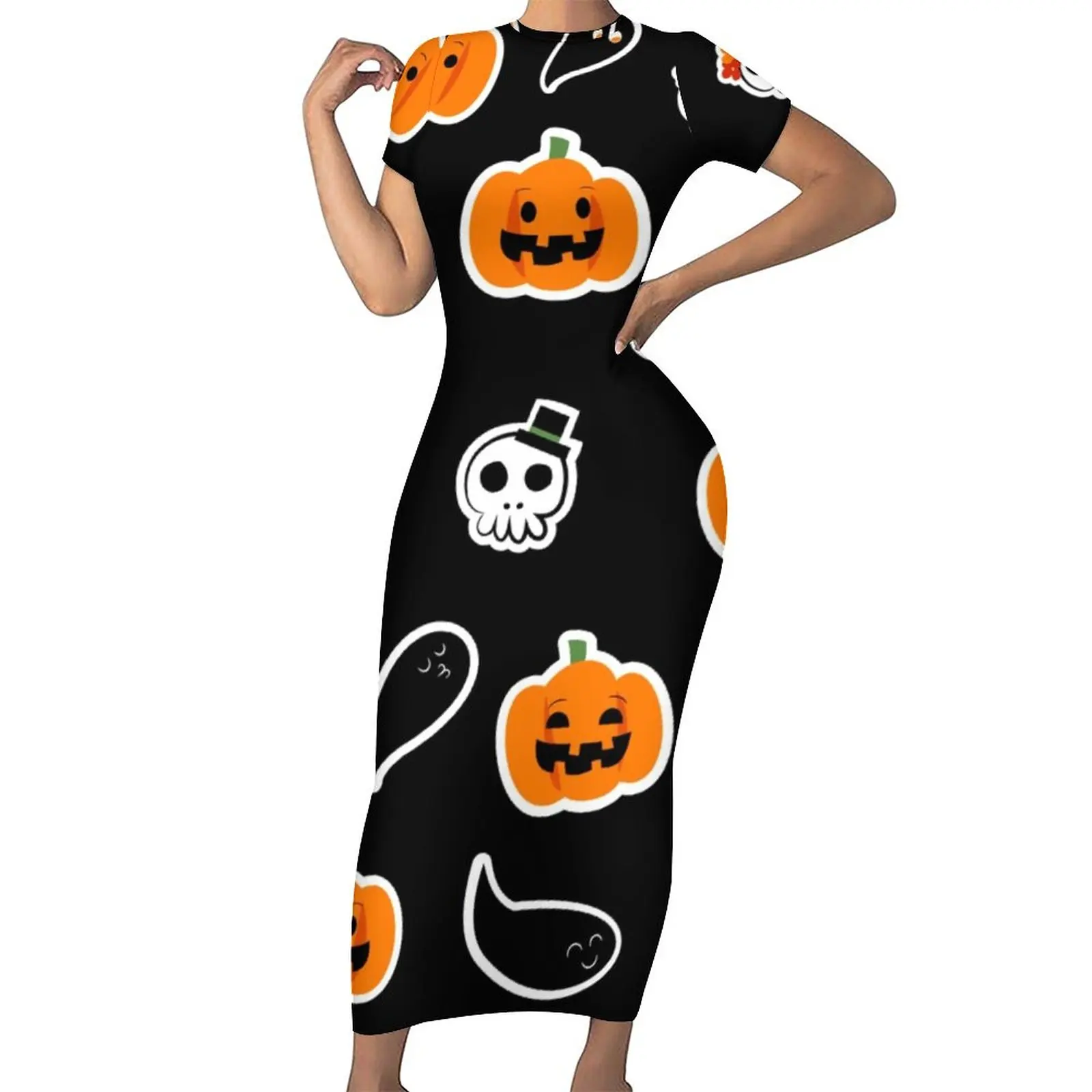 

Cute Ghost Print Dress Short Sleeve Halloween Pumpkins Sexy Maxi Dresses Summer Korean Fashion Pattern Bodycon Dress 3XL 4XL 5XL