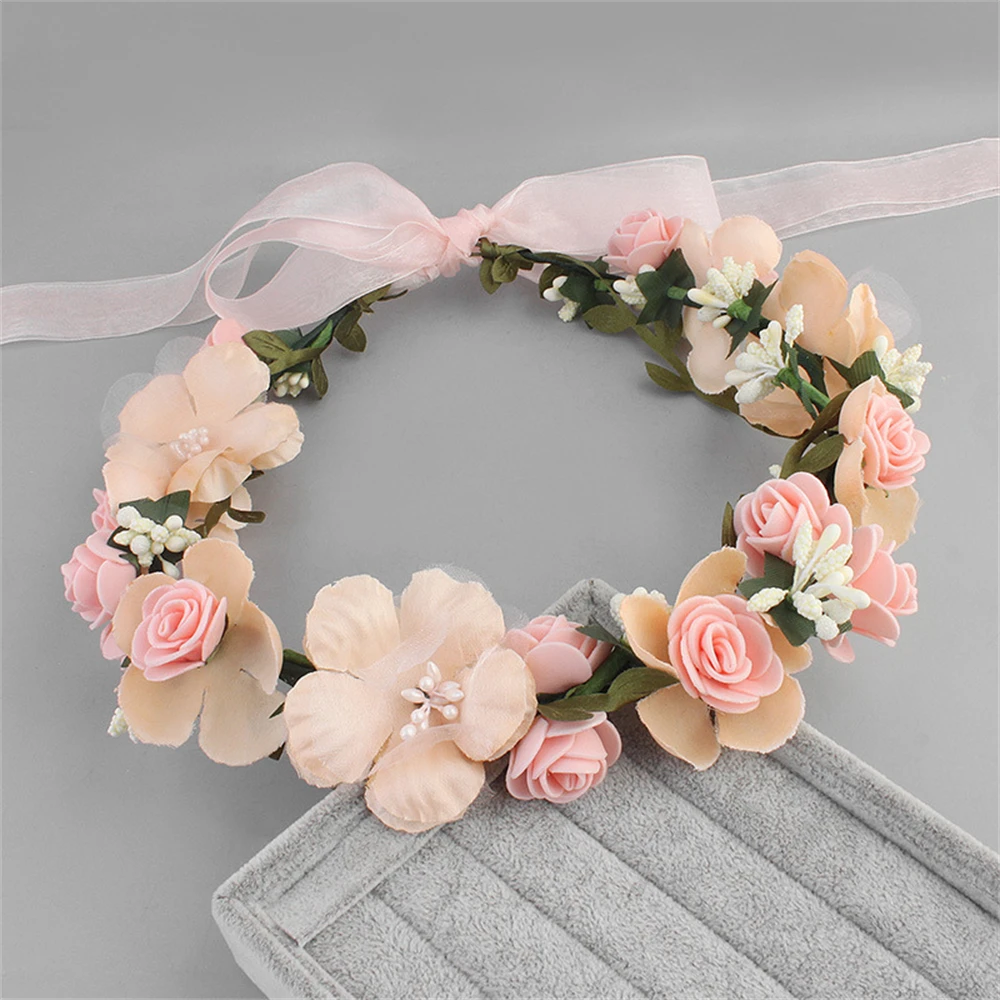 3D Artificial Flower Wreath Bride Women Flower Crown Hair Band Wedding Floral Headband Garland Ribbon Girl Hair Accessorie 2022