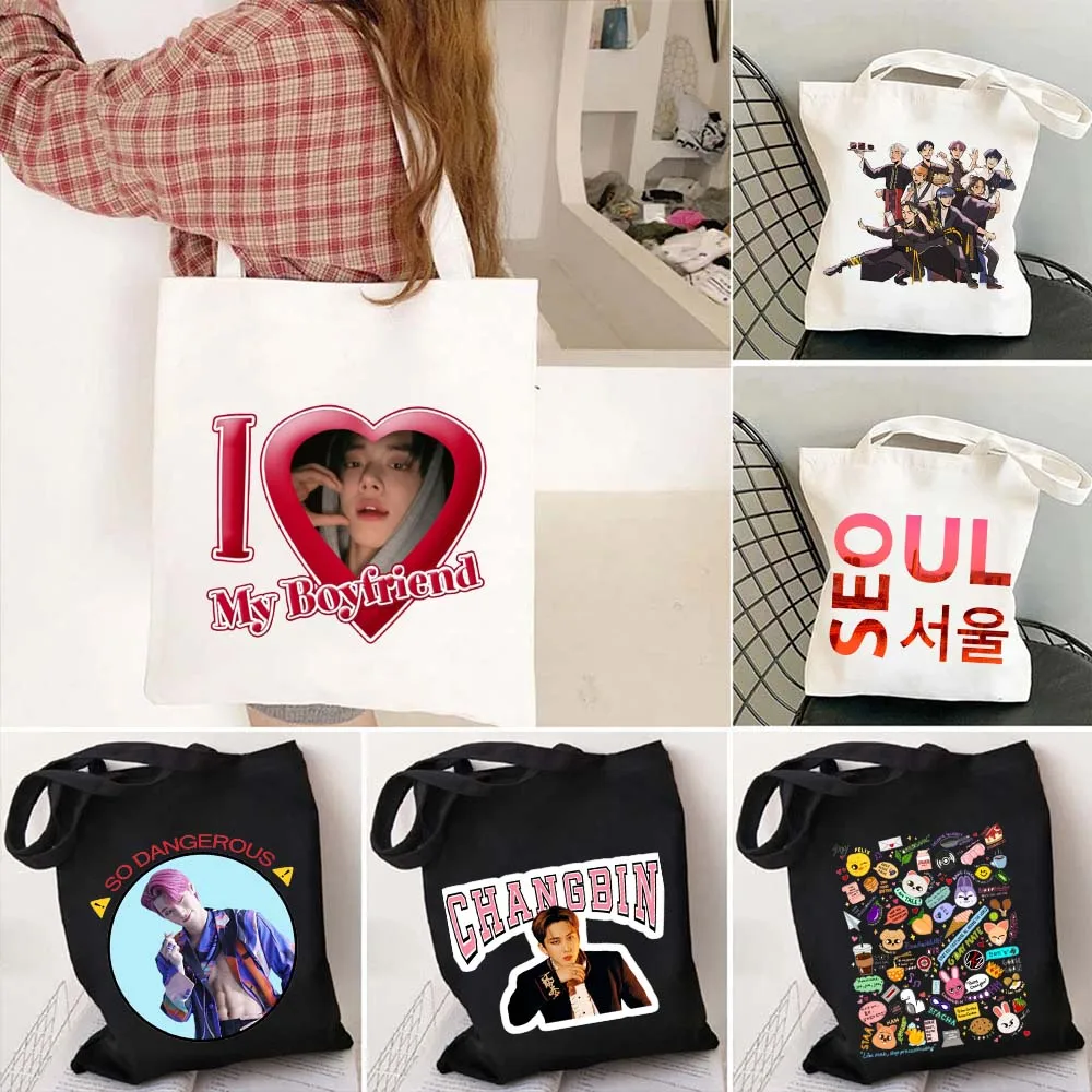 

Ateez Korean Seoul Style Kpop Harajuku Fashion Stray Kids Shopping Tote Bags Canvas Shopper Eco Large Capacity Shoulder Handbags