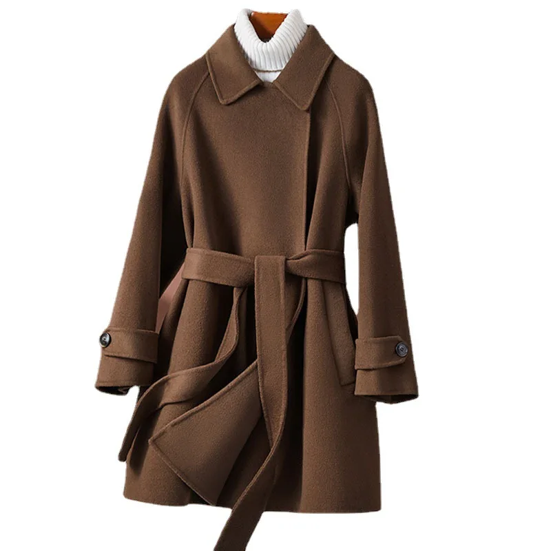 

Wool wool double-sided coat loose lapel long sleeve concealed buckle waistband raglan sleeve stitching women's woolen coat