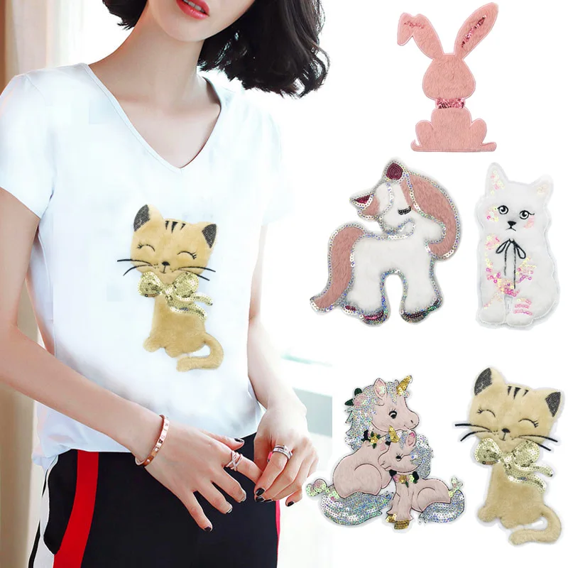 

Plush Embroidered Rabbit Cat Patches for Clothing Women Coat T-Shirt Embroidered Transfer Stickers Diy Clothes Decoration Decal