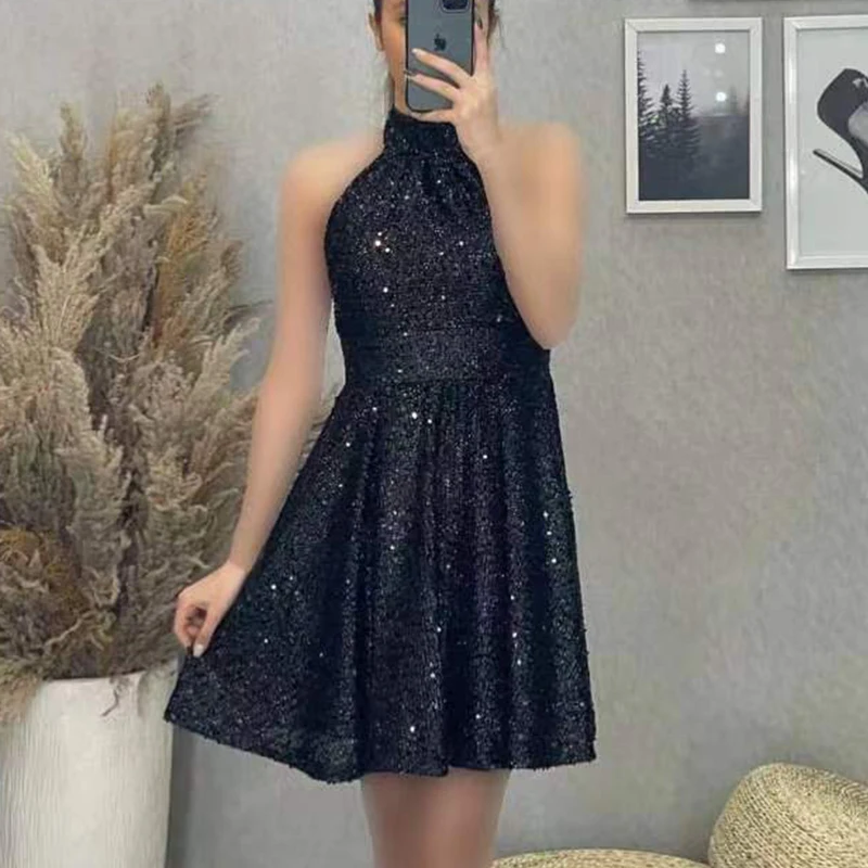 

2022 Summer Fashion Slim Pleated Dress Party Dinner Sweet And Cute Sequin Halter Dress Women Elegant Backless A-Line Mini Dress