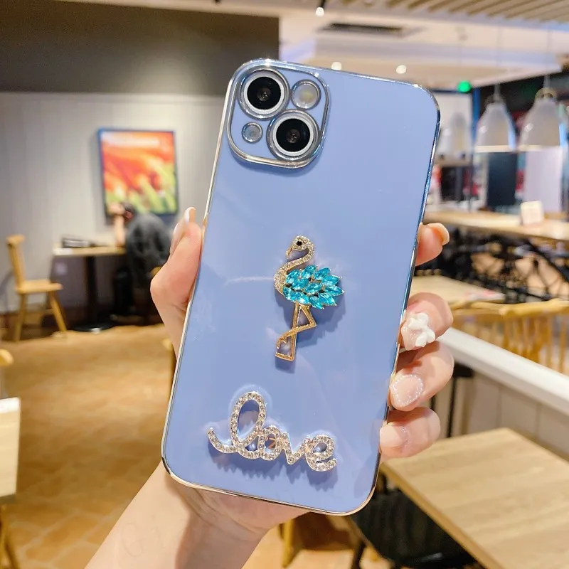 3D чехол с кристаллами и фламинго для iPhone 13 12 11 Pro Max MiNi X XS XR 7 8 Plus SE3 золотое покрытие