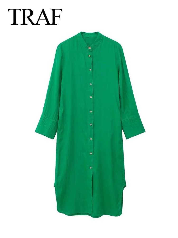 

TRAF ZA Women's Casual Dress Solid Color V Neck Long Sleeve Single Row Button Loose Plus Size Ladies Holiday Everyday Street Top