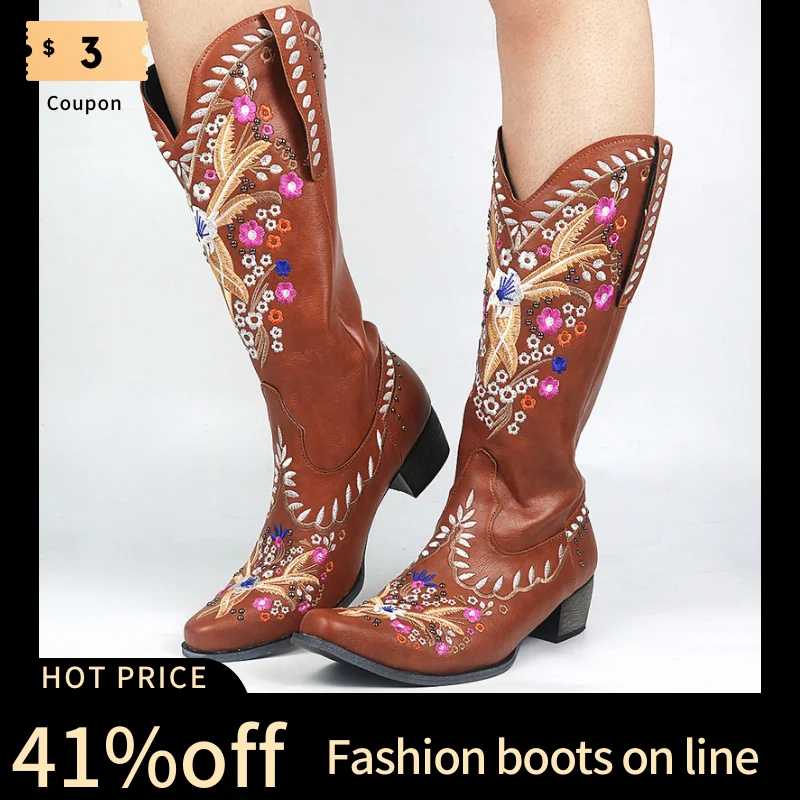 AOSPHIRAYLIAN Western Cowboy Boots For Women Retro Vintage Embroidery Sewing Floral Women's Cowgirl Comfy Walking Shoes
