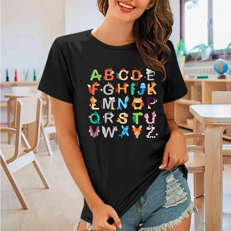 Women Teacher Shirts Teaching Tshirts Funny ABC Animals Alphabet Graphic Tee Cute Kindergarten Teachers Gift T Shirt