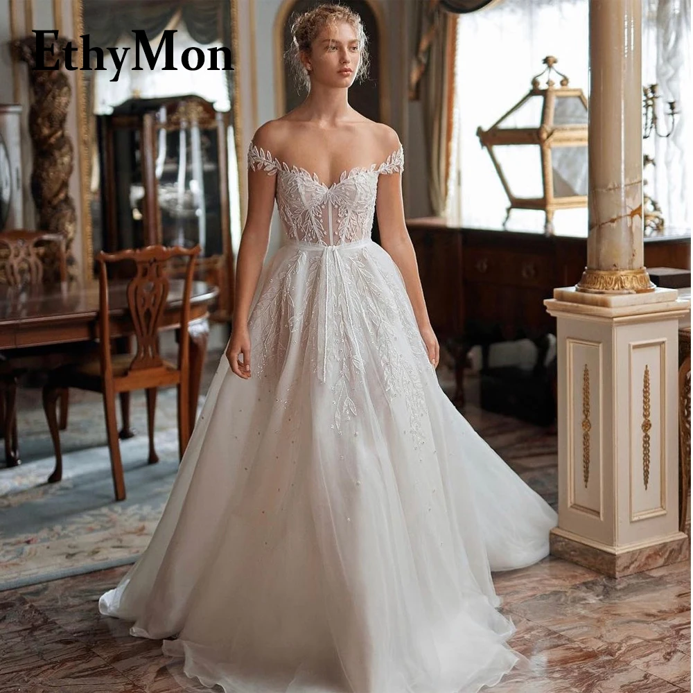

Ethymon Backless Off The Shoulder Sleeveless Sweetheart Wedding Dresses Tulle Floral Print Robe De Mariée Customised Attractive