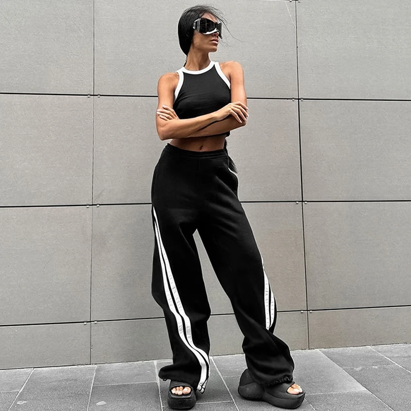 Модные брюки для бега DGLUKE с полосками по бокам женские черные спортивные высокой
