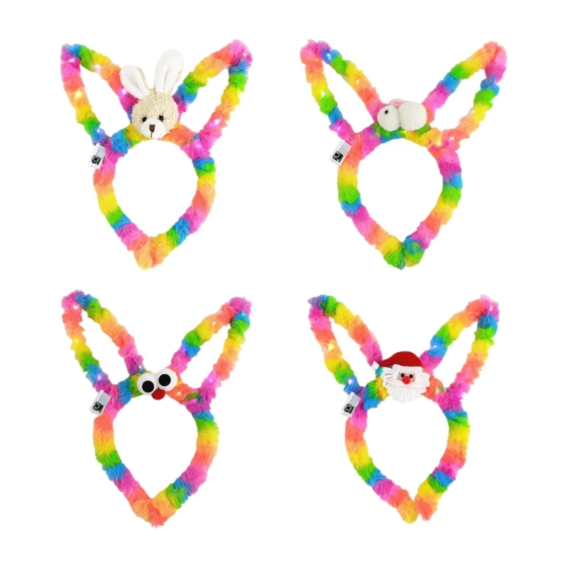 

Sweet Christmas Tiara Women Light Up Live Broadcast Hairband Bunny Ears Headbands Rainbow Color Glowing Hair Hoop R7RF