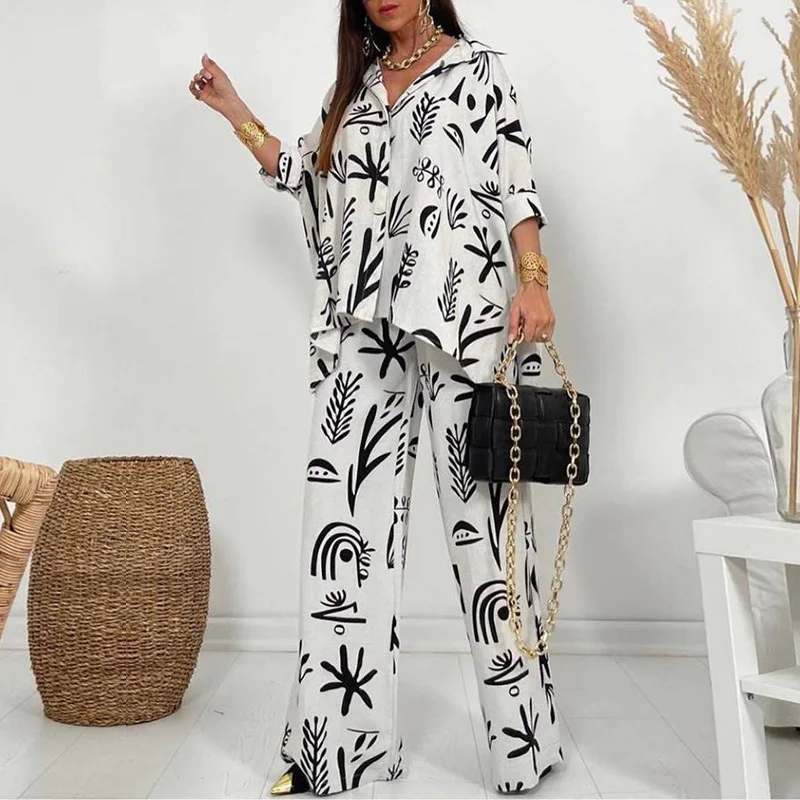 

Spring Autumn Casual Women Two Piece Sets Vintage Print Long Sleeve Turn-down Collar Shirt Wide Leg Trousers Blouse Outfits Set