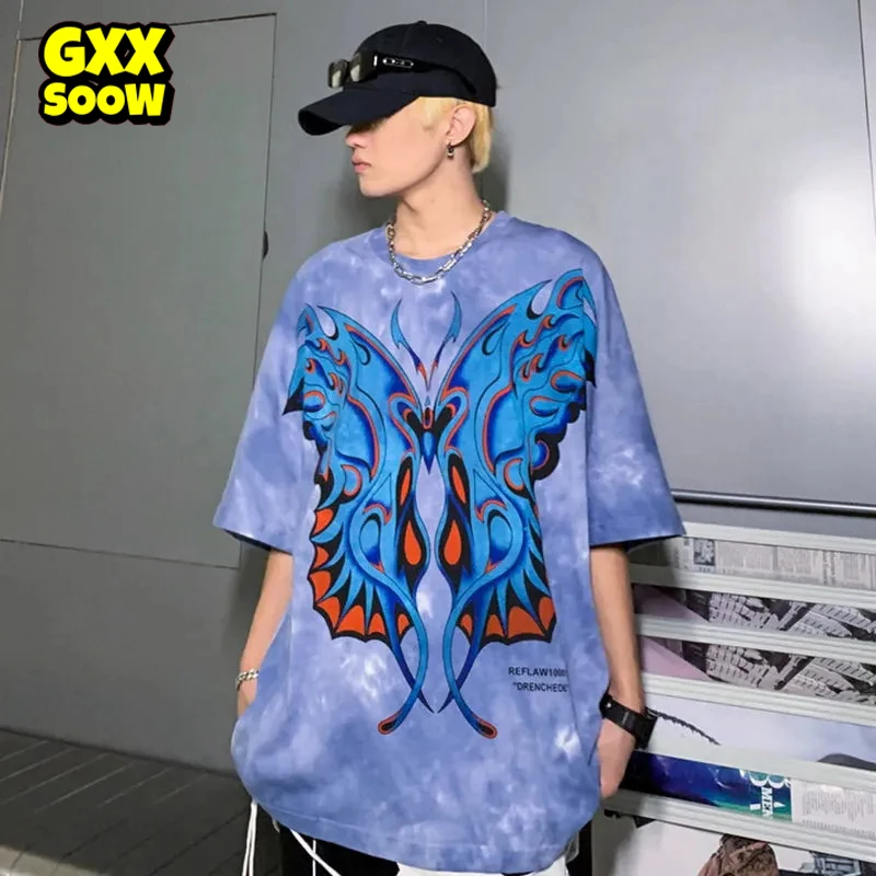 

Футболка WP059 мужская с принтом бабочки, хлопковая тенниска оверсайз в стиле хип-хоп, майка с принтом в стиле Харадзюку, лето 2021