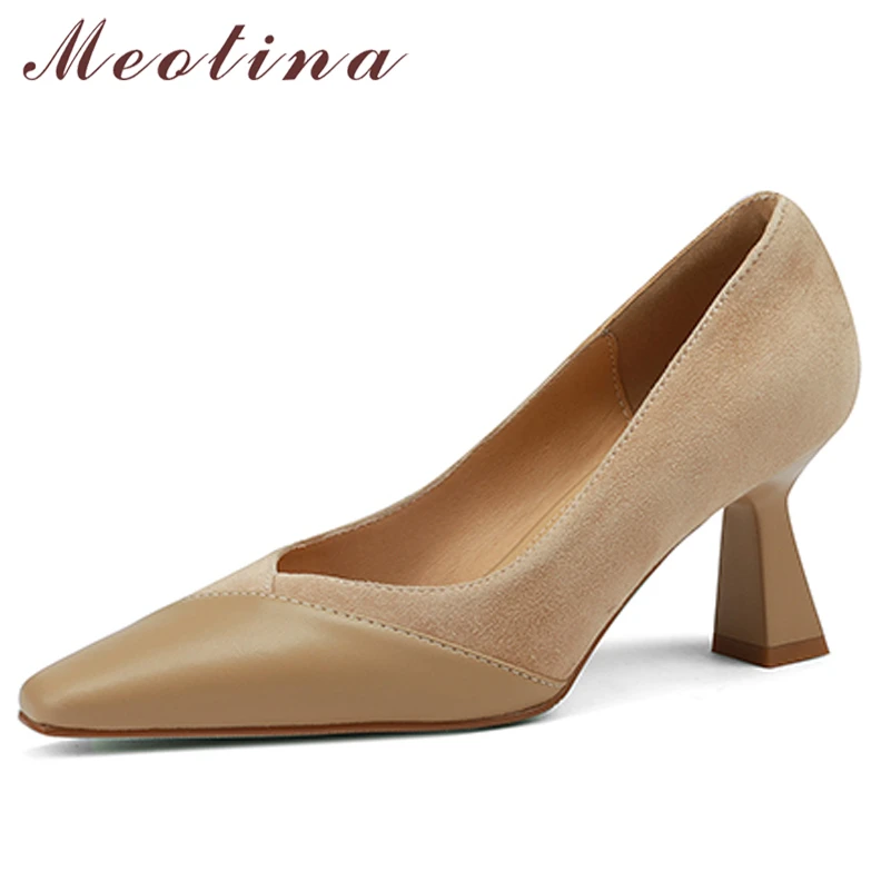 

Meotina Genuine Leather Women Shoes Thick Heels Pumps Square Toe Dress Mid Heel Ladies Footwear 2022 Spring Apricot Kid Suede
