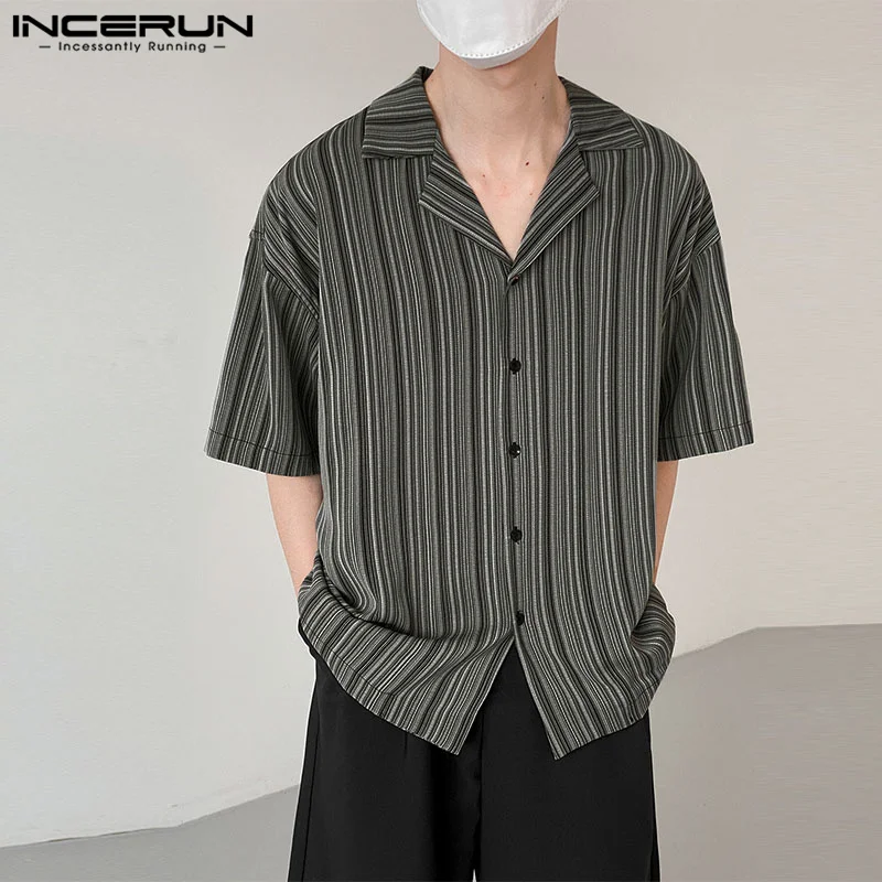 

INCERUN Men Striped Shirt Lapel Short Sleeve Button Streetwear Casual Men Clothing Summer 2023 Korean Style Loose Shirts S-5XL