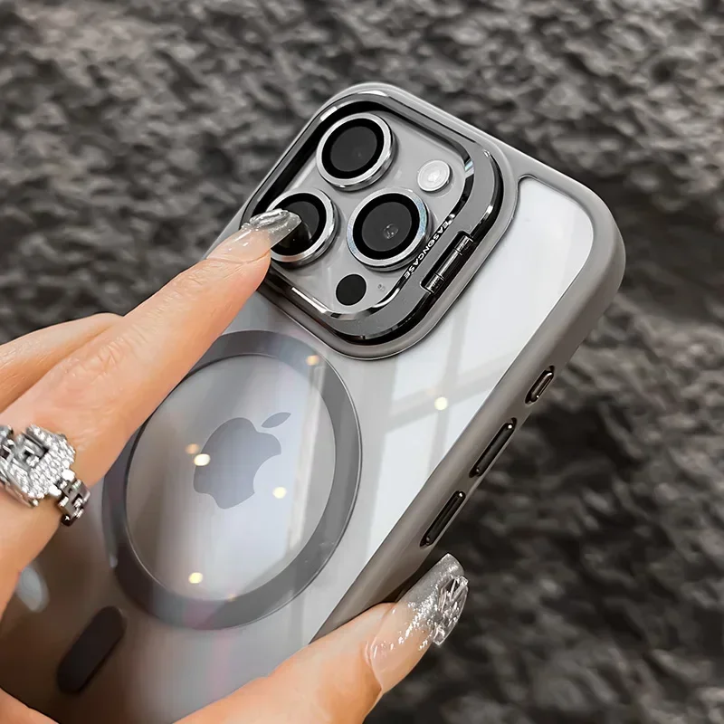 Фото Магнитный чехол для телефона Magsafe Glass Lens Protector для iPhone 17, 16, 15, 14, 13, 12, 11 Pro Max, противоударная задняя крышка с подставкой №2