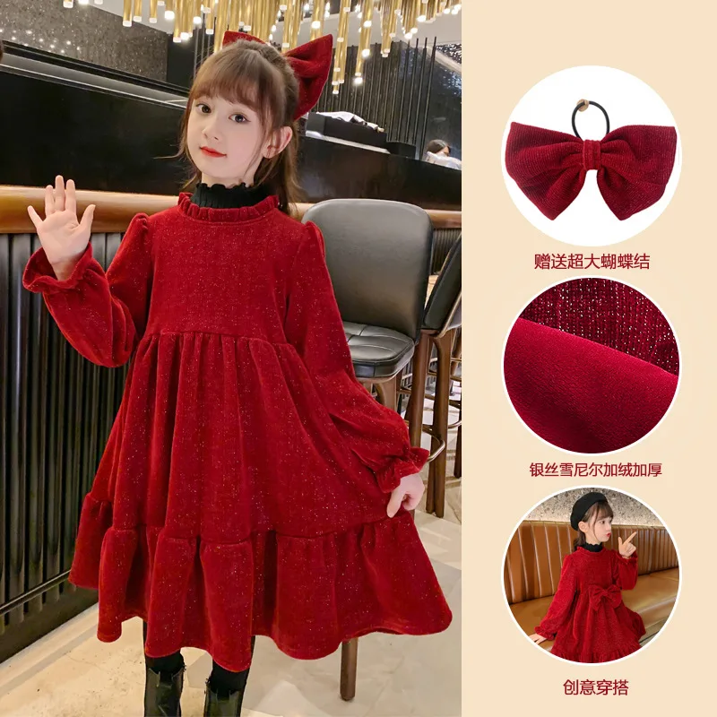 

Children's Dress Girl Autumn Winter Dress New Autumn Dress Red Girl Princess Skirt Children's Dress Plush Skirt Winter