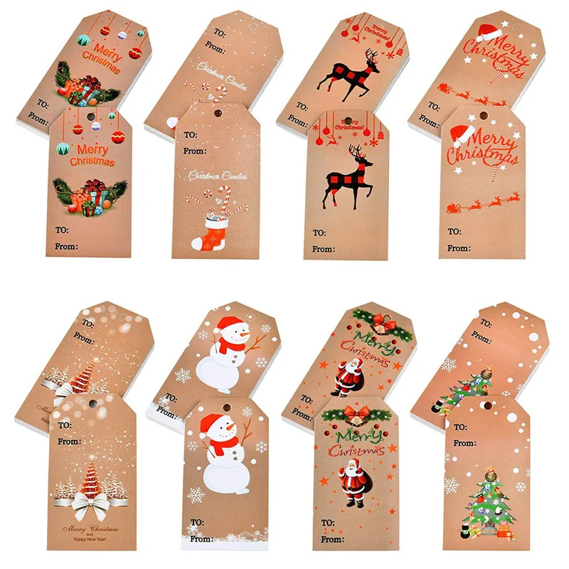 

100pcs Merry Christmas Tags Kraft Paper Card Gift Label Tag DIY Hang Tags Gift Decor Gift Card Christmas Favors Supplies