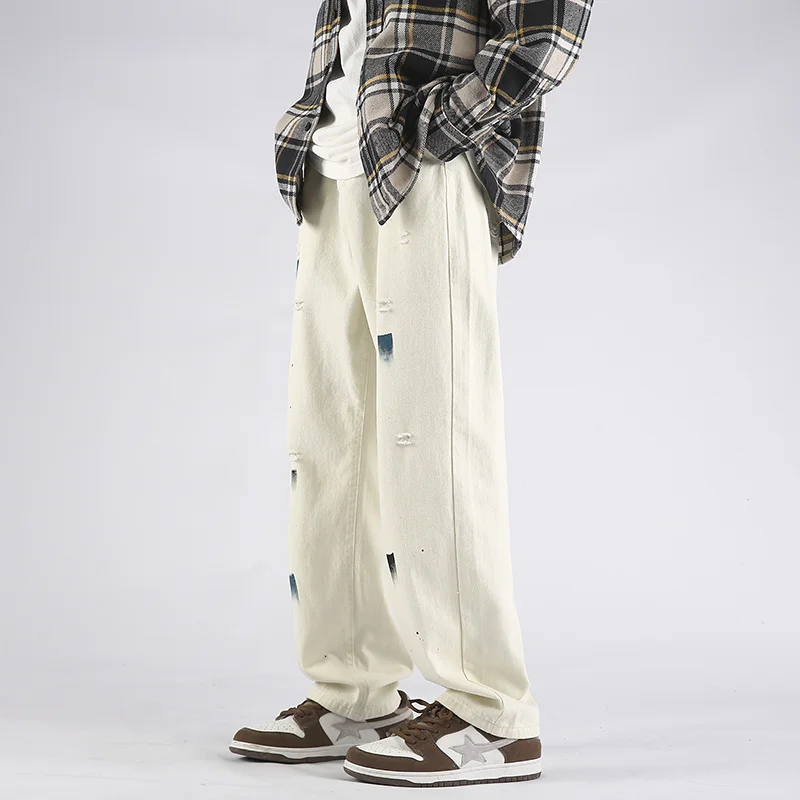 White Baggy Jeans Men Fashion Casual Graffiti Straight Jeans Men Japanese Streetwear Hip-hop Loose Denim Pants Mens Trousers