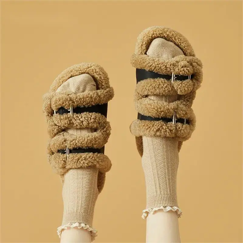 

Flock Shoes Woman's Slippers Low Fur Flip Flops Platform Slides 2023 Plush Rubber Basic Rome Autumn Fabric Hoof Heels Shoes Hous