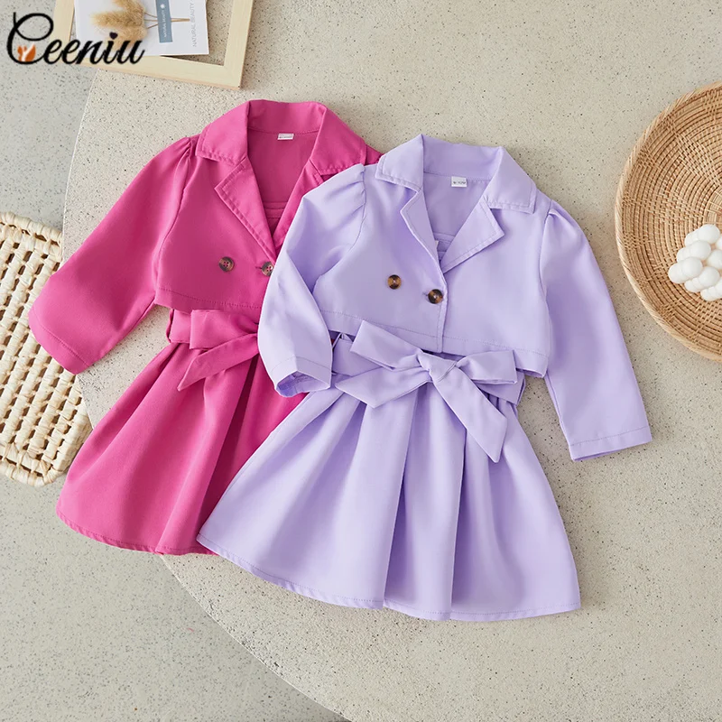 

Ceeniu Fall Winter Baby Kids Girls Clothes Outfit Sets Lapel Blazer Jacket+Belted Hot Pink Dress Children Baby Birth Clothing