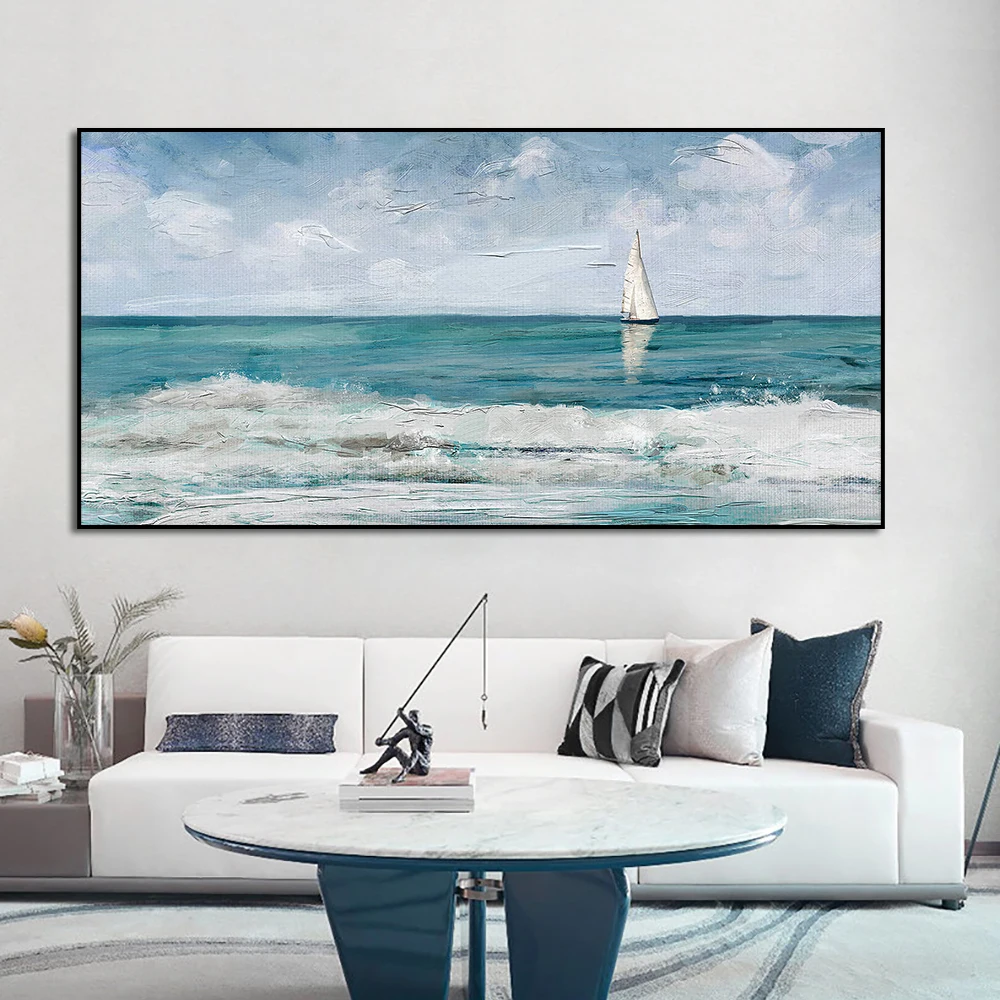 

Blue Sky Ocean Sailboat Seascape Art Oil Painting Artist 100% Handmade Wall Arts For Living Room