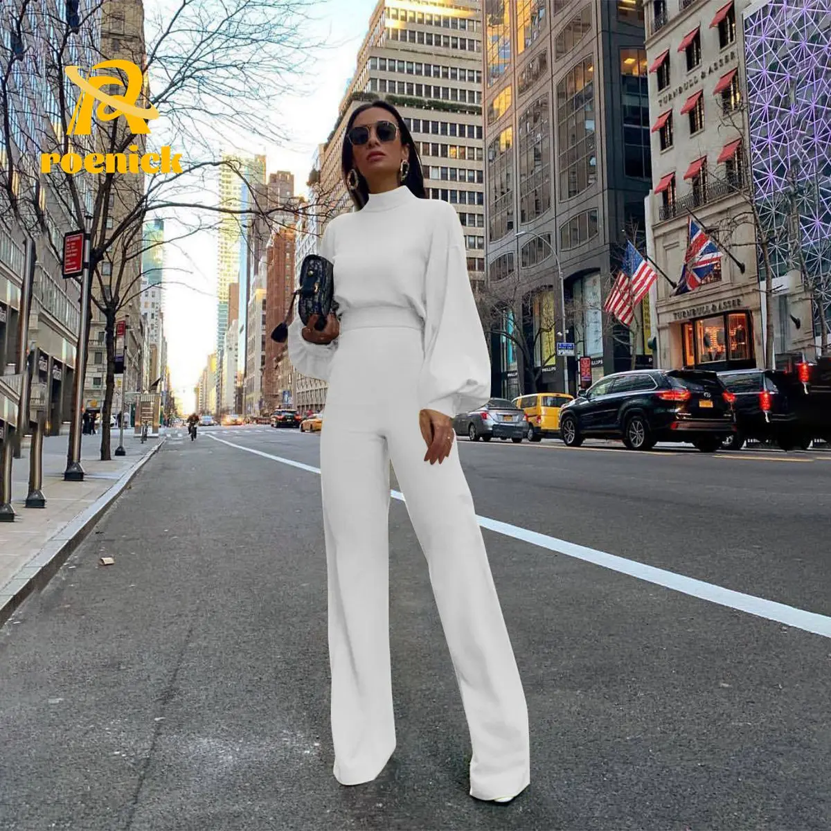 

ROENICK Women Lantern Sleeve Jumpsuits Turtleneck Open Back Zipper Wide Leg Rompers Elegant Fashion OL Solid Straight Overalls