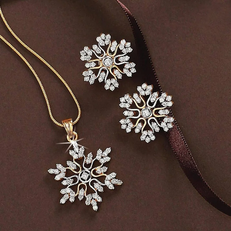 

Classic Women's Charm Jewelry Set Snowflake Necklace Earrings For Women Inlaid White Crystal Silver Necklace Charm Jewelry