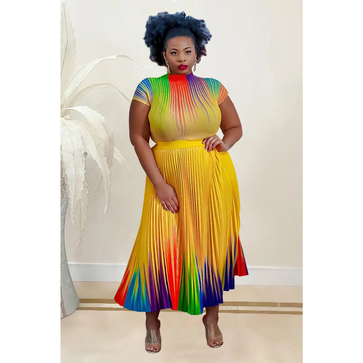 

Fashion Elegant Round Neck Short Sleeve Printed Pleated Long Dress Two Peice Set for Women Matching Sets Summer Temperament Set