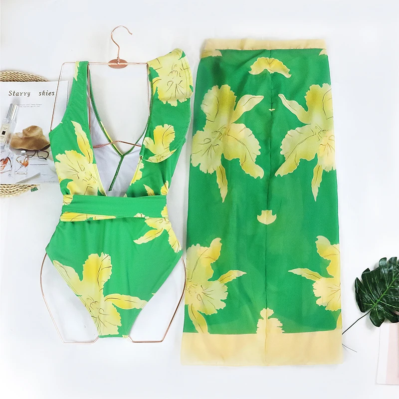 CPUTAN 2023 Female Retro Green Ruffle Swimsuit Asymmetrical Holiday Beach Dress Vintage Skirt Designer Bathing Suit Summer Surf