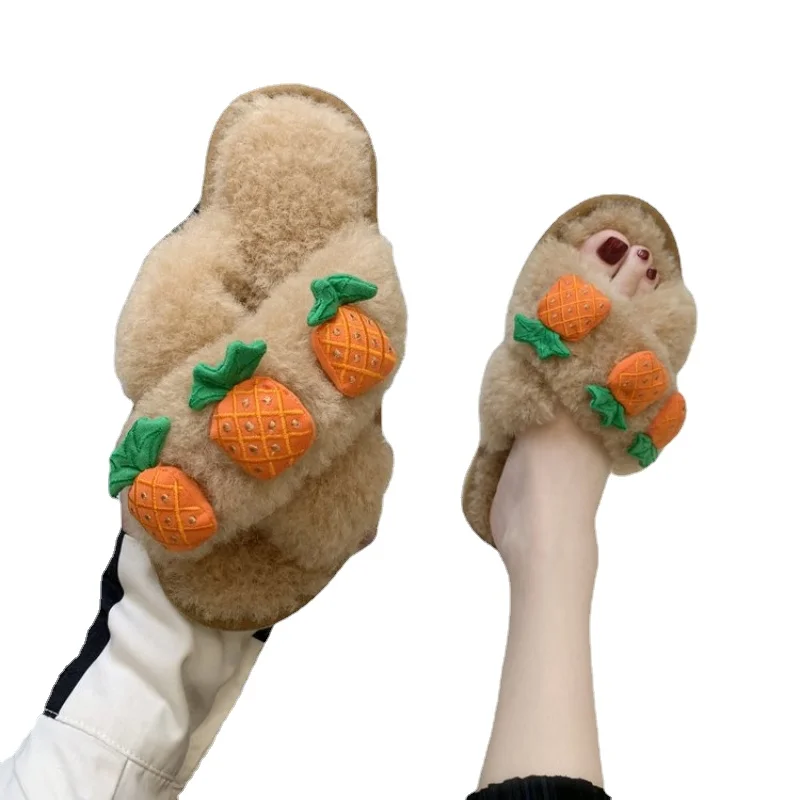 

Chinelos Mulher Winter Slippers Women's Wear Cross Lamb Plush Fruit One-word Slippers Women's Shoes Fur Slides Zapatillas Mujer