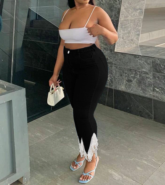 Spring and Summer New Fashion Women's Stretch Tassel Jeans Women's Slim Casual Commuter All-match Pants Female and Lady Clothing