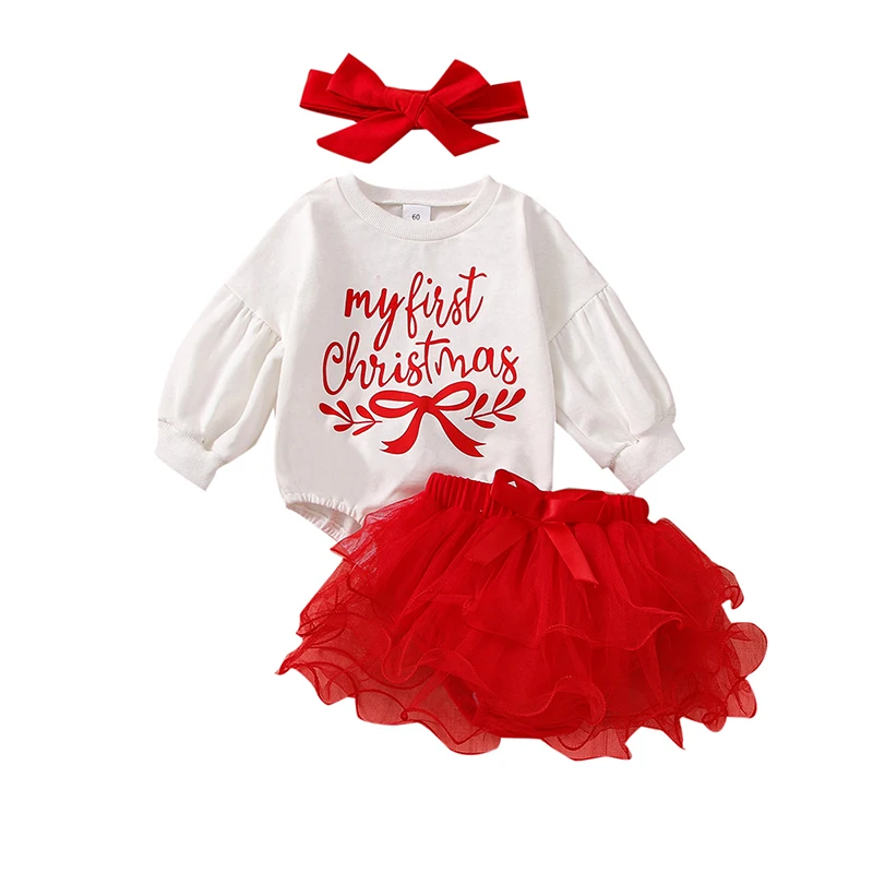 

Baby Outfits for Girls Christmas 3Pcs Sets Letter Print Long Sleeve Romper+ Tutu Skirt Shorts+ Hairband Newborn Infant Clothing