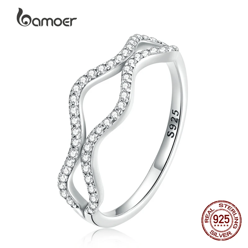 

Bamoer 100% Solid 925 Sterling Silver Trendy Wave Rings for Women Exquisite Pavé Zirconia Rings High Quality S925 Jewelry Gift